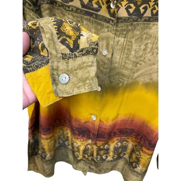 Vtg Chicos Silk Button Up Shirt Yellow Red Tribal Aztec Tunic Long Sleeve Sz 2 M - Picture 4 of 6